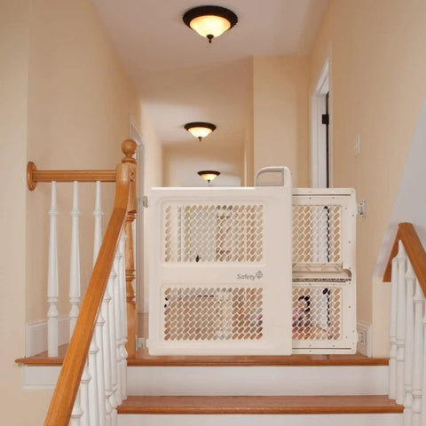 2-In-1 Baby Gate With Hardware Mount For Stairs And Doorways, Pressure Install Option, beige gate at top of stairs with secure lock