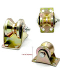 Heavy Duty V Groove Caster Wheels 4 Pack One Quarter Inch Steel Sliding Gate Rollers with brackets, metallic finish and 1-9/16" size.