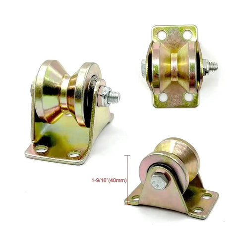 Heavy Duty V Groove Caster Wheels 4 Pack One Quarter Inch Steel Sliding Gate Rollers with brackets, metallic finish and 1-9/16" size.