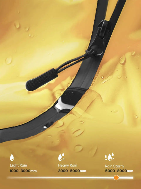Close-up of zipper and drawstring on yellow Unisex Lightweight Waterproof Hooded Rain Poncho With Zipper Front Pockets And Packable Design For Men And Women Your Go To Travel Rain Gear For Quick Commutes Hiking And Everyday Outdoor Use