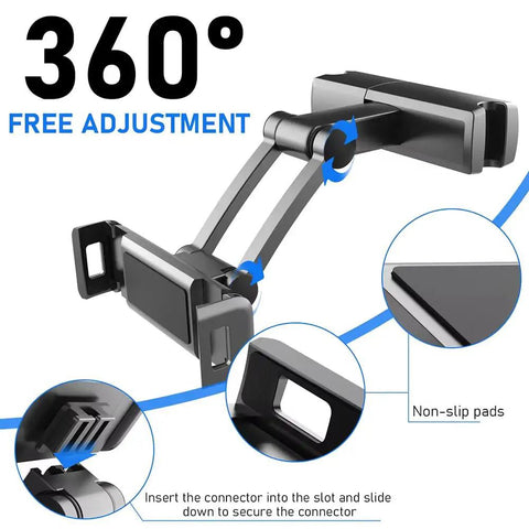 Tesla Cybertruck Car Headrest Holder Rear Seat Entertainment Mount Offering Hella Flexible Viewing Angles With Quick Snapping Setup And Smooth Telescopic Arm showing 360-degree adjustment features and non-slip pads.