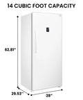 Straight Up Spacious 14 Cubic Foot Upright Fridge And Freezer Combo With Auto Defrost, side view showcasing dimensions and white finish.