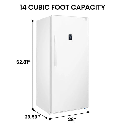 Straight Up Spacious 14 Cubic Foot Upright Fridge And Freezer Combo With Auto Defrost, side view showcasing dimensions and white finish.