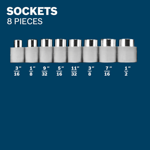 8-piece socket set from 65-Piece Drilling And Driving Mixed Set With A Wide Range Of Drill Bits And Driver Bits Plus Handy Accessories