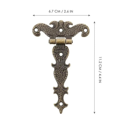 Decorative iron vintage-style hinge, 6.7 cm wide, 11.2 cm high, detailed floral design, antique finish