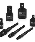 Seven Piece Impact Socket Adapter Kit For Drills With Hex Shank To One Quarter Inch, Three Eighths Inch And One Half Inch Drive