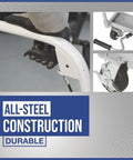 Close-up of the foot pedal and wheels on the Rock Solid Hydraulic Lift Table Cart Two Speed Rolling Work Platform.