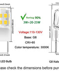 Comparison of G8 LED Bulb Dimmable 3W T4 Led Bulb 20 to 25W Halogen Equivalent Warm White 3000K 120V with G8 Halogen Bulb