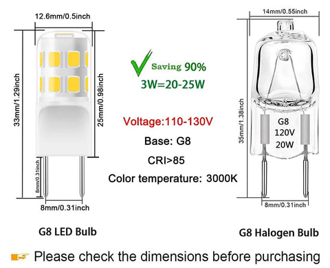 Comparison of G8 LED Bulb Dimmable 3W T4 Led Bulb 20 to 25W Halogen Equivalent Warm White 3000K 120V with G8 Halogen Bulb