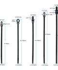 110 Piece Automotive Cable Zip Ties Kit With 5 Sizes Nylon Self Locking Ties, labeled sizes and dimensions