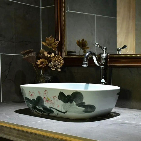 Rectangular Ceramic Vessel Sink For Bathroom Vanity Featuring A Super Sleek High Gloss Glaze That Stays Hella Tough And Keeps Your Space Looking Fresh All Year Round in elegant bathroom setting.