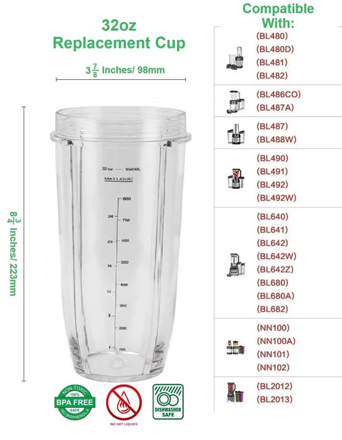 32 Ounce Cup With Sip N Seal To Go Lid Extra Large Replacement Jar Compatible With Nutri Ninja Auto IQ 1000W And Duo Blenders