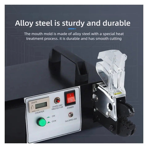 Close-up of Built Tough Electric Terminal Crimping Machine showing alloy steel mouth mold, sturdy controls, and cutting area.