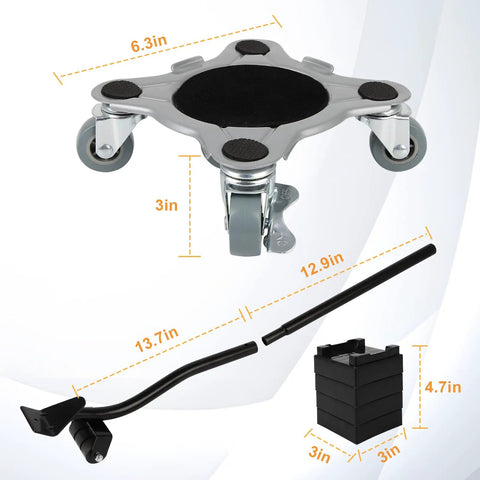 Heavy Duty Furniture Movers With Five Smooth Rubber Wheels Thick Carbon Steel Construction For Easy Moving Of Couches And Appliances, showing dimensions and components.