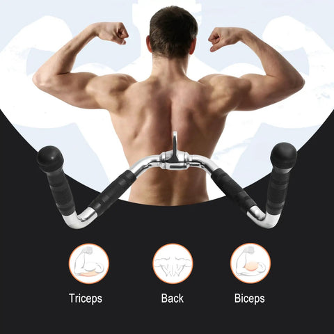 Pro Grade Lat Pulldown Bar Attachment For Strength Training And Tricep Workouts Heavy Duty Rotating Swivel Lat Bar shown with bodybuilder.