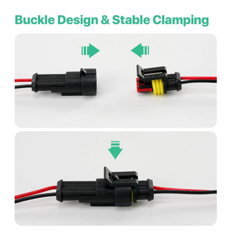 2 Pin Waterproof Electrical Connector Kit 12V male and female wire plugs showing buckle design and stable clamping