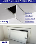 Flat Out Heavy Duty Metal Access Panel With Lockable Ceiling Door And Waterproof Wall Hatch For Attic Vent Covers Size 38 X 48 Inch, shown in ceiling and wall installations.
