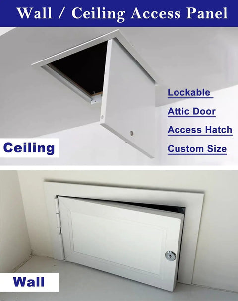 Flat Out Heavy Duty Metal Access Panel With Lockable Ceiling Door And Waterproof Wall Hatch For Attic Vent Covers Size 38 X 48 Inch, shown in ceiling and wall installations.