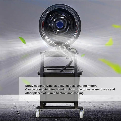 Heavy Duty 16 Inch Industrial Misting Fan With Auto Swinging Head Three Speed Settings Roll Around Frame For Warehouse Cooling That Throws Down Insane Airflow To Keep You Chilled Zero Sweat, showcasing airflow and spray cooling.