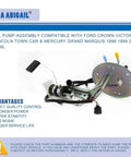 Straight Bolt On Fuel Pump Assembly Built Heavy Duty For A Slick Smooth Ride And Hassle Free Install Compatible With Ford Crown Victoria Lincoln Town Car Mercury Grand Marquis 1998 1999 2000 4.6L V8 Gas Engine Replaces XW1Z9H307AG, detailed view of assembly components.