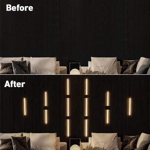 Before and after wood slat wall with Linkable 15 Foot CCT COB LED Light Bar Kit With 12 Bars 2700K To 6500K Tunable White lighting installation