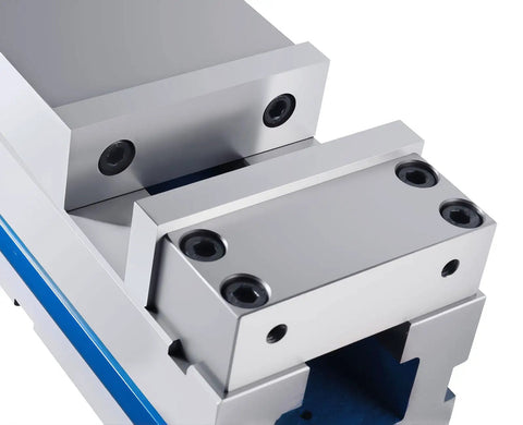 4 Inch Super Lock Precision CNC Machine Vise With Thrust Bearing For Rock Solid Clamping Power Built For Milling 4 Inch Jaw Width 1.259 Inch Jaw Height 45 Steel Jaws Ductile Iron Body Heavy Duty CNC Workholding close-up of jaws