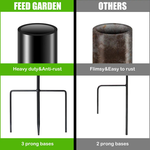 Comparison of adjustable 32 inch shepherds hooks, heavy-duty steel with 3-prong base on left, flimsy metal with 2-prong base on right
