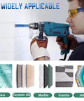 Man using drill with Quarter Inch Diamond Core Drill Bits Set Tile Hole Saw Kit Heavy Duty Vacuum Brazed With Round Shank U Type Slot Design For Ceramic Porcelain Tile Marble Granite Quartz Glass 11 Piece Set
