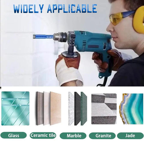 Man using drill with Quarter Inch Diamond Core Drill Bits Set Tile Hole Saw Kit Heavy Duty Vacuum Brazed With Round Shank U Type Slot Design For Ceramic Porcelain Tile Marble Granite Quartz Glass 11 Piece Set