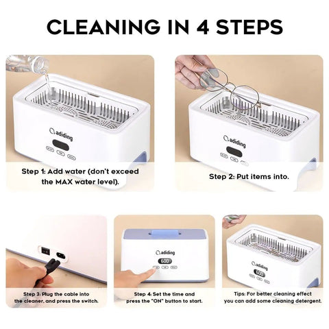 Steps to use Ultrasonic Jewelry Cleaner 1000mL Deep Clean, 45kHz Sonic Cleaner With 5 Modes And Degassing, Boss Level Clean shown