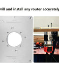 Premium Aluminum Alloy Router Table Insert Plate With Center Alignment Bushing And Installation Screws For Diy Woodworking Engraving Machine Tools Easy Install Plus Killer Precision Fit, shown mounted with router.