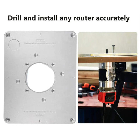 Premium Aluminum Alloy Router Table Insert Plate With Center Alignment Bushing And Installation Screws For Diy Woodworking Engraving Machine Tools Easy Install Plus Killer Precision Fit, shown mounted with router.