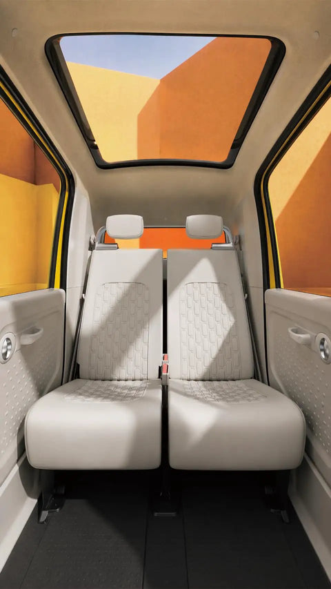 Interior view of Premium Two Seater Electric Golf Cart showing spacious back seat design with sunroof and stylish upholstery.