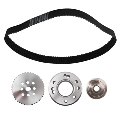 Hardcore Billet Gilmer Belt Drive Pulley Kit For Small Block Chevy 283 305 327 350 383 400 comprising black belt and chrome pulleys.