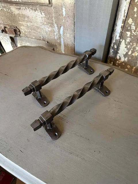 Set Of 2 Oversized Cast Iron Door Pull Handles With Twisted Forged Design for rustic barn shed exterior front door