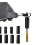 Ultimate 8-Piece Tap Socket Set For Auto Repair. Ultra-Durable Carbon Steel Threads Tool Kit. Perfect Fit For Tight Spaces And Precision Work. No More Bulky Handles Needed. Get The Job Done Fast! tap socket set with ratchet and 8 sockets