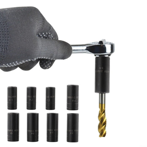 Ultimate 8-Piece Tap Socket Set For Auto Repair. Ultra-Durable Carbon Steel Threads Tool Kit. Perfect Fit For Tight Spaces And Precision Work. No More Bulky Handles Needed. Get The Job Done Fast! tap socket set with ratchet and 8 sockets