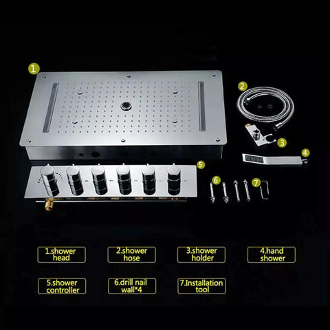 Straight Up Ceiling Mount Rainfall Shower System With Rock Steady Thermostatic Control parts, including shower head, hose, and controller.