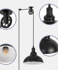 Industrial Plug In Pendant Light With 19.5 Foot Cord And On Off Switch Retro Barn Bronze Dome Ceiling Fixture with pulley close-up.