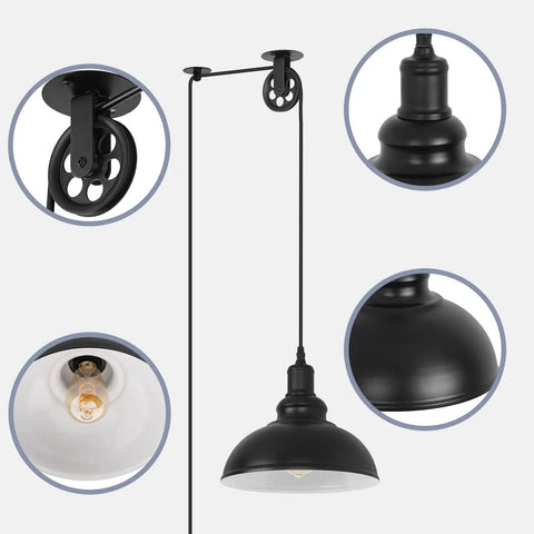 Industrial Plug In Pendant Light With 19.5 Foot Cord And On Off Switch Retro Barn Bronze Dome Ceiling Fixture with pulley close-up.