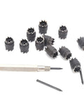 Thirteen Piece Spot Weld Cutter Set For Electric Drill, Three Eighths Inch Double Sided Weld Removal Kit For Thin Metal Sheets