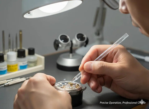 Watchmaker using Pro Grade Watch Movement Installation Rod And Cleaning Stick Kit For precise dial repair and maintenance work.
