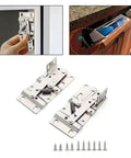 Self-Closing Adjustable Door Hinges Set, 2 Pack Tip-Out 45 Degree Pivot, shown with screws and kitchen cabinet application.