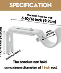Heavy Duty Adjustable Curtain Rod Brackets 2 Pack White Iron Wall Bracket specifications showing dimensions and features.