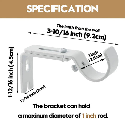 Heavy Duty Adjustable Curtain Rod Brackets 2 Pack White Iron Wall Bracket specifications showing dimensions and features.
