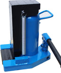 Heavy Duty Hydraulic Toe Jack 30 Ton Upper 15 Ton Toe Air Powered Steel Rig in blue with pump handle and base.