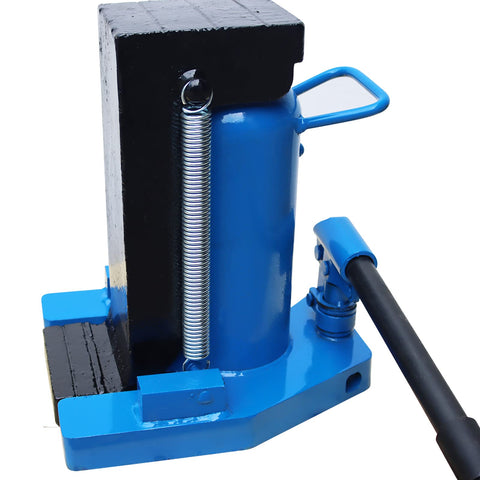 Heavy Duty Hydraulic Toe Jack 30 Ton Upper 15 Ton Toe Air Powered Steel Rig in blue with pump handle and base.