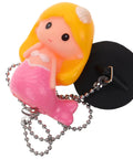 Mermaid Rubber Tub Stopper with Chain for Bathtub Drains in pink and yellow, featuring a whimsical design with a chain.