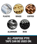 Image showing types of pipes: plastic, brass, copper, aluminum, iron for PTFE Thread Seal Tape Half Inch By 260 Inches White And Blue Spool.