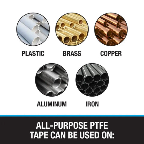 Image showing types of pipes: plastic, brass, copper, aluminum, iron for PTFE Thread Seal Tape Half Inch By 260 Inches White And Blue Spool.